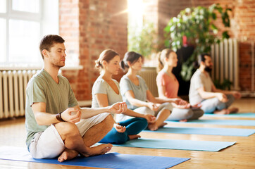 Canvas Print - fitness, yoga and healthy lifestyle concept - group of people meditating in lotus pose at studio