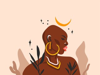 Hand drawn vector abstract flat graphic illustration with ethnic tribal black beautiful bohemian african american woman portrat,flower and magic crescent in simple style,isolated on pastel background