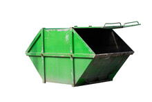 Green Dumpster Isolate On White Background, Industry Steel Bin On White Background