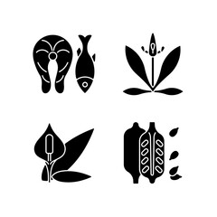 Poster - Common allergens black glyph icons set on white space. Fish as cause for allergy. English plantain. Peace lily. Sesame seeds. Allergic reaction. Silhouette symbols. Vector isolated illustration