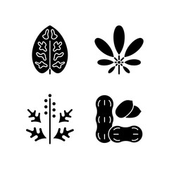 Sticker - Reason for allergy black glyph icons set on white space. Dieffenbachia, schefflera. Ragweed pollen. Allergen from peanuts. Cause of allergic reaction.Silhouette symbols. Vector isolated illustration