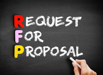 Aufkleber - rfp - request for proposal text on blackboard, business concept background.