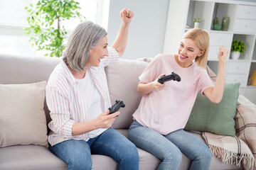 Sticker - Photo of cheerful happy grey haired blonde women sit sofa win game hold joystick indoors inside house home