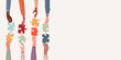 © melita - Banner. Teamwork and cooperation between colleagues. Problem solving metaphor. Diverse people s arms and hands holding one jigsaw puzzle piece joining the other piece.Sharing. Community