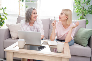 Sticker - Photo of happy family blonde lady gray haired woman sit sofa use laptop note indoors inside house home flat