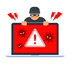 Fototapete - Computer virus detection icon. System error warning on a laptop. Emergency alert of threat by malware, virus, trojan, or hacker. Creative antivirus concept. Vector illustration with the flat style.