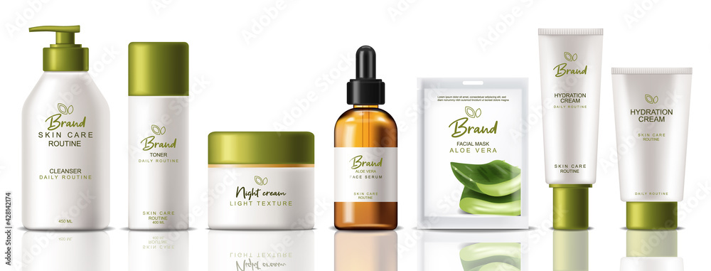Cosmetics set collection products Vector realistic. Product placement mock up bottles. Packaging design label lotions - obrazy, fototapety, plakaty 