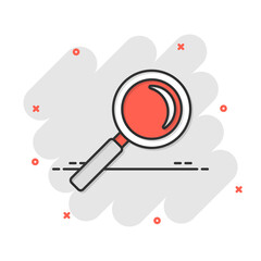 Fototapete - Loupe sign icon in comic style. Magnifier vector cartoon illustration on white isolated background. Search business concept splash effect.