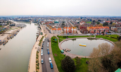 Aerial view of Littlehampton, a seaside resort and pleasure harbour in the Arun District of West Sussex