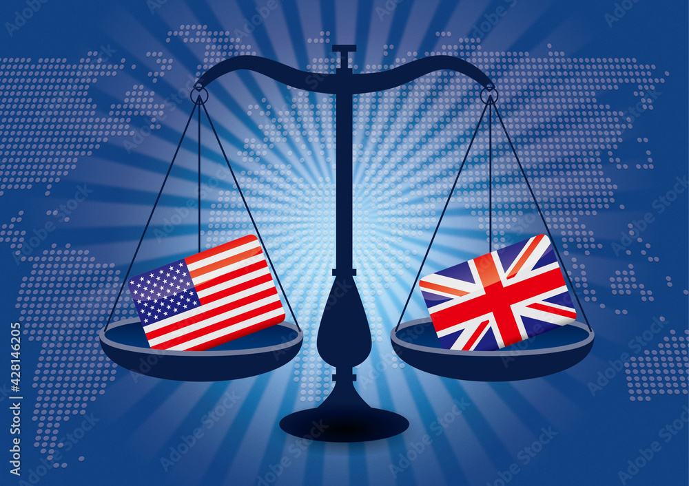 天秤と国旗 アメリカ合衆国とイギリスの国旗 国家対立 国家紛争 国際司法 貿易のイメージイラスト世界地図と集中線の背景 Wall Mural Globeds