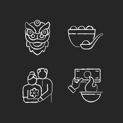 Sticker - China national holidays chalk white icons set on black background. Dragon dance. Tangyuan. Old couple. Burning money. Chinese new year. Rice dumpling. Isolated vector chalkboard illustrations