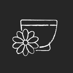 Poster - Chrysanthemum tea chalk white icon on black background. Double ninth festival. Flower-based infusion drink. Traditional medicine. Chrysanthemum appreciation. Isolated vector chalkboard illustration