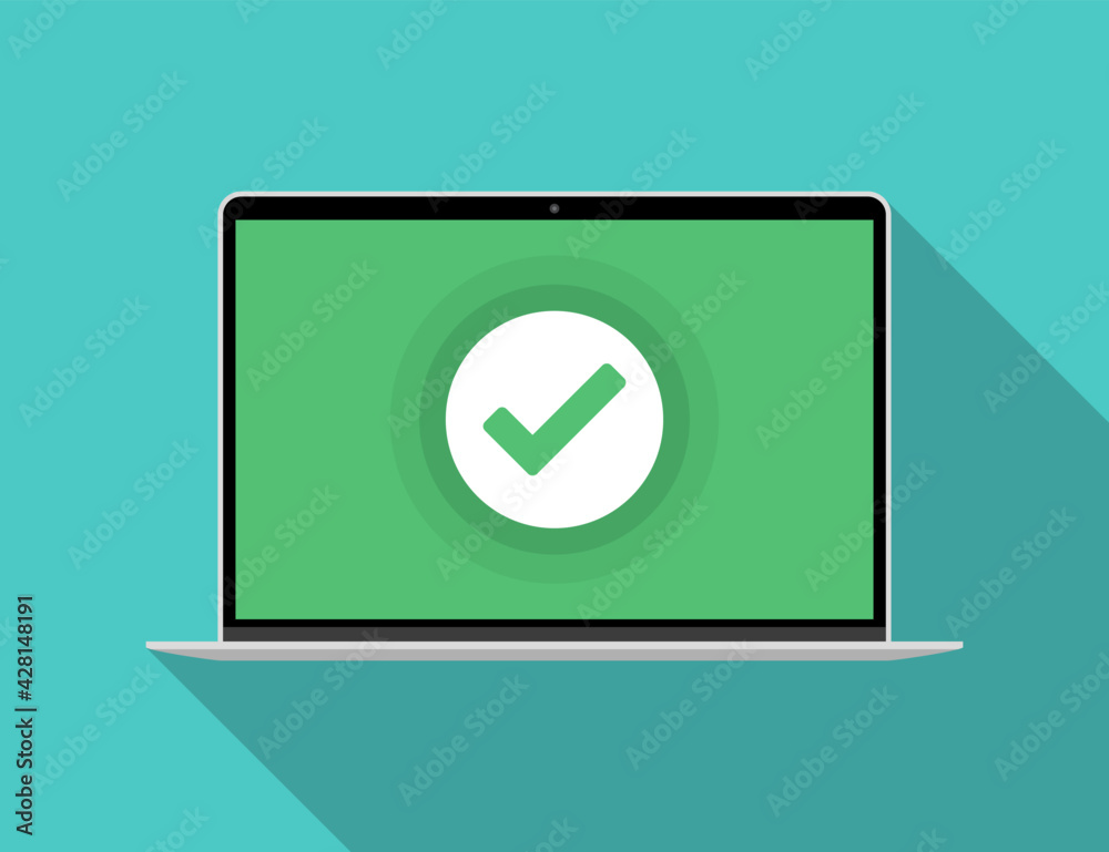 Laptop with green checkmark notification in a flat design - obrazy, fototapety, plakaty 