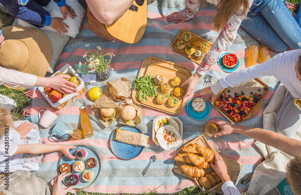 Picnic setting with burgers, tart, croissant, cakes, picnic hamper basket, guitar and food ready for party. Cheerful family sitting on the grass during a picnic in a park. Young smiling family - obrazy, fototapety, plakaty 