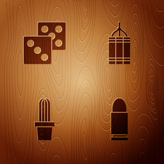 Wall Mural - Set Bullet, Game dice, Cactus peyote in pot and Dynamite bomb on wooden background. Vector