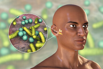 Sticker - Otitis media, inflammatory disease of the middle ear, and closeup view of bacteria that cause otitis media