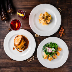 Poster - Breakfast set with omelet sandwich on wooden table top view