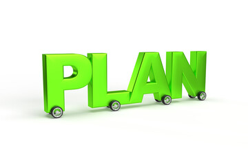 Wall Mural - word plan on wheels as a car on isolated white background.