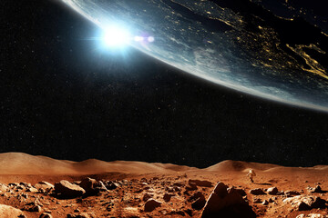 Poster - Red planet Mars with stars and planet Earth, journey space concept. Space man astronaut walks through the red desert with mountains overlooking space.