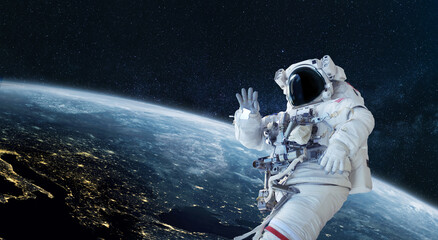 Poster - Space man astronaut greets and waves his hand in space on a background of the blue planet Earth. Space mission wallpaper, concept. Welcome to space