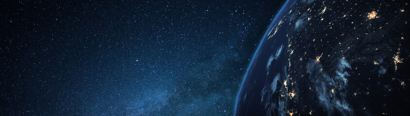 Poster - beautiful blue planet earth with night city lights on the starry sky. amazing space wallpaper, conce