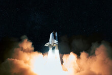 Rocket With Clouds Of Smoke Takes Off Upward Into Space. Spaceship Completes Mission And Launches Into Space