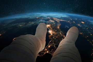 Poster - Spaceman sits and looks at the blue planet earth with night lights of cities from space. Astronaut feet on the background of the earth. Cosmos wallpaper. Man resting in orbit