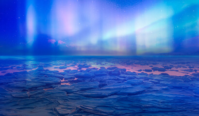 Wall Mural - cracks on the surface of the green ice next to white lone house (cabin) in winter - frozen lake - no