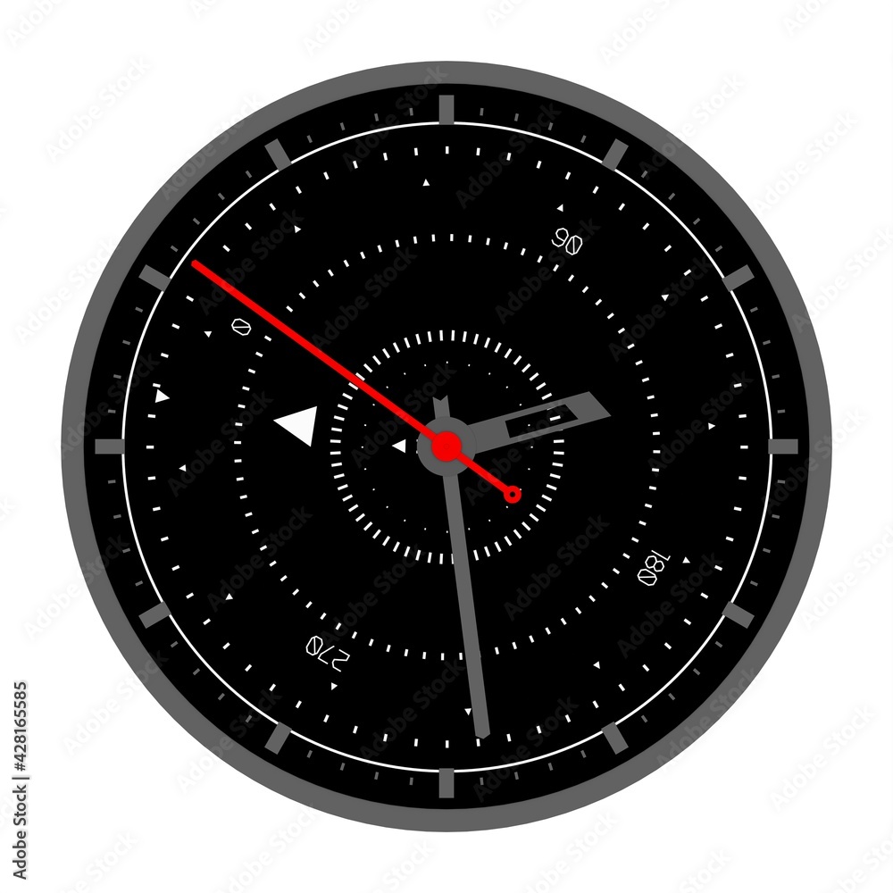 Rendering image of an analog clock with a compass, arrows, time scale ...