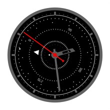 Rendering Image Of An Analog Clock With A Compass, Arrows, Time Scale And Degree Of Rotation Angle.