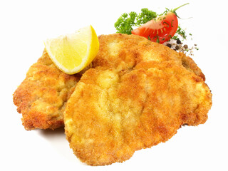 Sticker - Breaded Wiener Schnitzel on white Background - Isolated