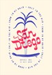 © Handdraw - San Diego surfing vintage typography t-shirt print. Summer sports palm-tree on the surfboard American beach vector illustration.