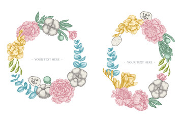 Wall Mural - Floral Wreath of pastel ficus, eucalyptus, peony, cotton, freesia, brunia