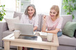 © deagreez - Photo of grey haired blonde mother and daughter sit sofa use laptop write note inside home house indoors