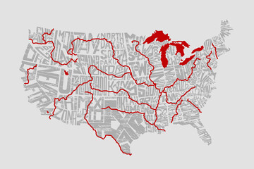 Wall Mural - united states of america lettering map with rivers