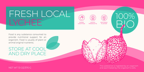 Wall Mural - Fresh Local Fruits Label Template. Abstract Vector Packaging Horizontal Design Layout. Modern Typography Banner with Hand Drawn Lychee Sketch Silhouette Background. Isolated