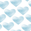Blue hearts with shining watercolor seamless pattern. Template for decorating designs and illustrations.