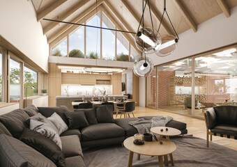 Interior of luxury wooden apartment with open roof stucture. Comfortable living room with open space, 3D rendering