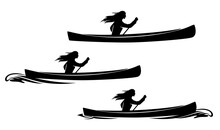 Beautiful Native American Woman Rowing In Traditional Canoe - Indian Girl, Pirogue Boat And Water Wave  Black Vector Silhouette Set