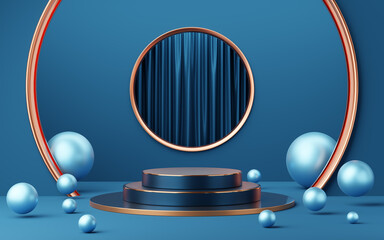 Wall Mural - Empty blue and black cylinder podium with copper border, ball on gold circle arch, curtain background. Abstract minimal studio geometric shape. Pedestal mockup space for product design. 3d rendering.