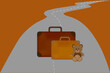 Two old suitcases and a teddy bear on the road that goes into the distance. Journey. Separation.