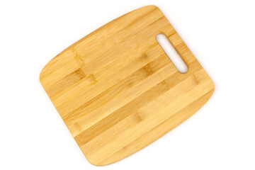 Top view high quality wood cutting board, brown wood. Chopping boards made from natural bamboo. Isolated image kitchen utensil on white background.