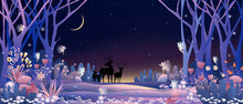 Fantasy Cute Little Fairies Flying And Playing With Reindeers Family In Magic Forest At Christmas Night,Vector Illustration Landscape Of Winter Wonderland.Fairytale Background For Bed Time Story Cover