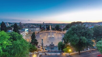 Wall Mural - Aerial view of the large urban square, the Piazza del Popolo day to night transition timelapse, Rome after sunset with lights and the historical buildings