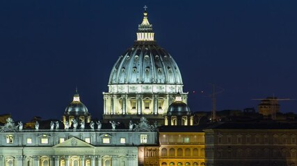 Wall Mural - Night view at St. Peter's cathedral timelapse from the Pincio Landmark in Rome, Italy. Close up view from top