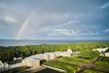Aerial Of The Rainbow In The Sea And Park Of Peterhof Palace On Foreground