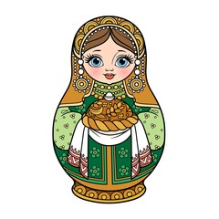 Wall Mural - Russian traditional nest doll Matrioshka with loaf with salt color variation for coloring page isolated on white background