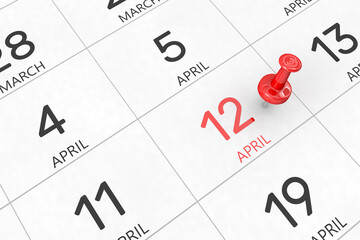 Fototapete - 3d rendering of important days concept. April 12th. Day 12 of month. Red date written and pinned on a calendar. Spring month, day of the year. Remind you an important event or possibility.