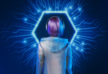 Wall Mural - Beautiful woman with purple hair in futuristic costume on dark background. Girl in glasses of virtual reality. Augmented reality game, future technology, AI concept. Holographic interface.