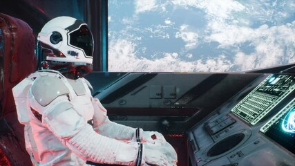 Canvas Print - astronauts fly by in an interstellar spacecraft fly past a new unexplored planet. the animation is f